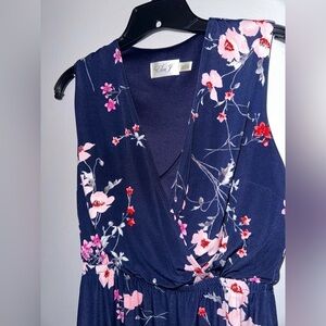 Eliza J cherry blossom print wrap bodice ruffle hem navy blue dress sz 2